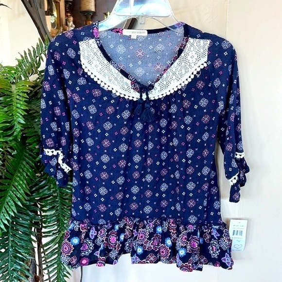 Self Esteem Other - Brand New Self Esteem Blue Peasant Top w/ Lace Accent Ruffle Boho Blouse